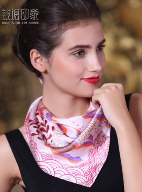 【钱塘印象】真丝小方巾 100%桑蚕丝素绉缎丝巾 热带海鱼 Q81028