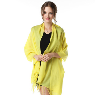 【高档礼品】100%纯羊毛围巾 秋冬素色超长两用披肩 柠檬黄多色入