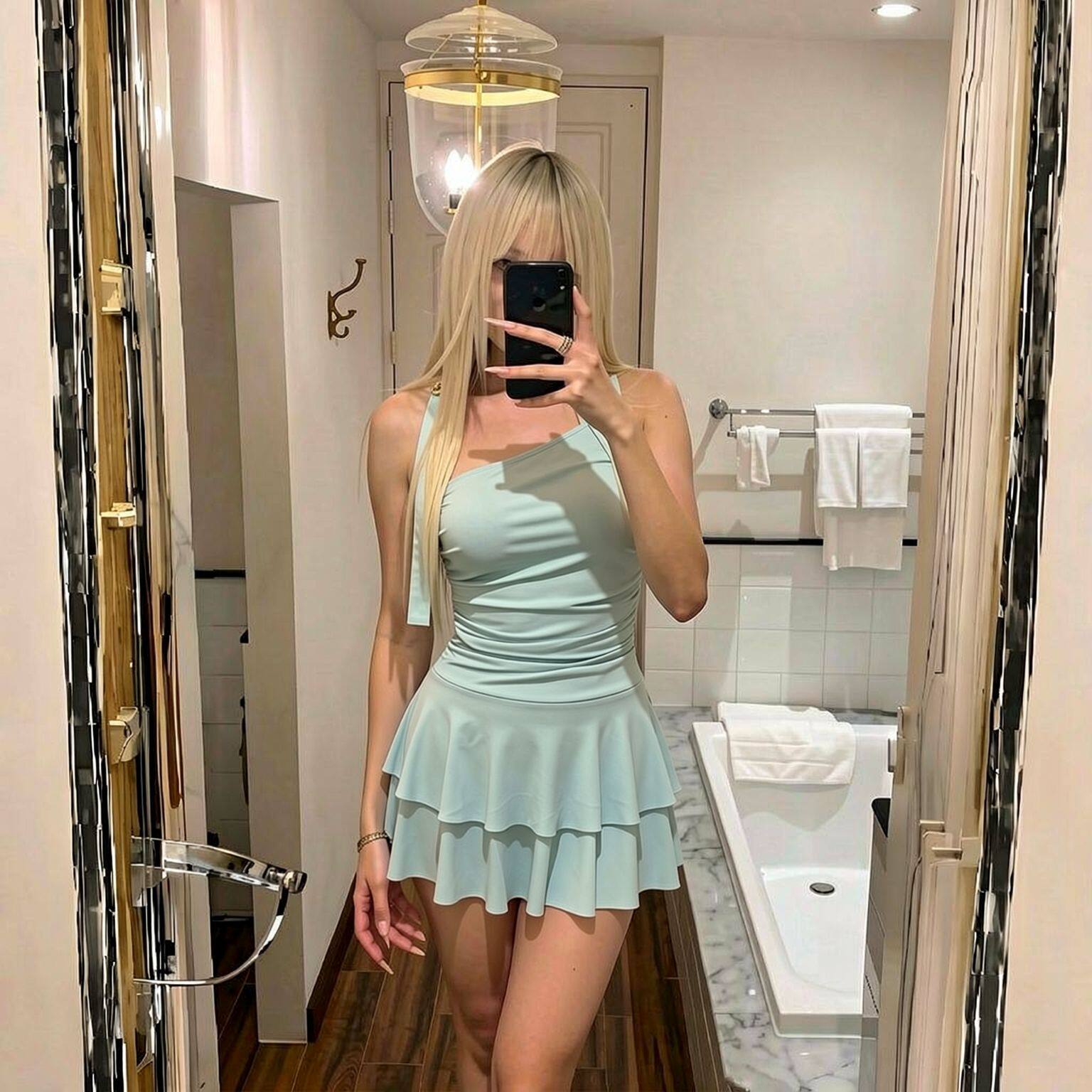 2026新款泳衣女连体裙式高级感绝美度假游泳衣薄荷蓝显瘦遮肚温泉