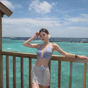 2025新款比基尼泳衣女性感小胸聚拢裙式三件套度假高级感温泉