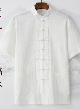 夏季薄款棉麻男士短袖唐装上衣中式汉服盘扣半袖居士服中国风透气