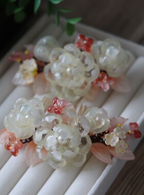 仙女风水晶色琉璃月季花朵发梳女透明粉色花瓣发饰头饰配件