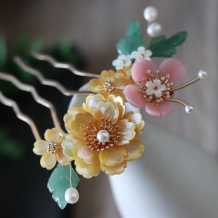 集雅手作黄蝶贝玉簪花清新发梳古典头饰夏季简约新款发簪汉服旗袍