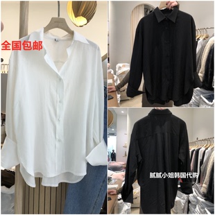 MAGNOLIA36-L韩国东大门代购2025春季女装新纯色宽松系扣开叉衬衫