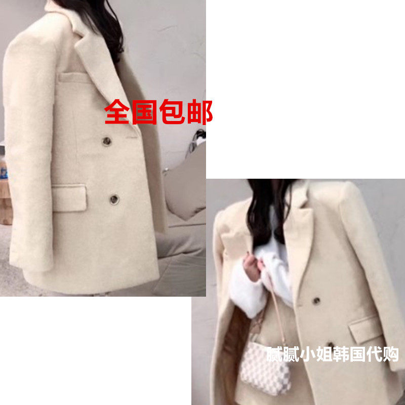 韩国东大门代购 奶黄双排扣加棉西装外套+包臀短裙套装