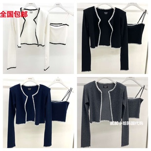 MONROE-P韩国东大门代购2025秋冬女装新拼色吊带显瘦长袖开衫套装