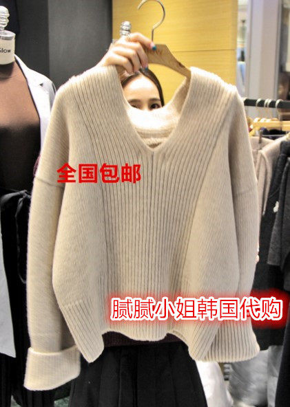 韩国东大门代购春新款Glow时尚大V领两穿粗棒针织衫毛衣