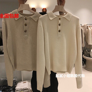 韩国statement新品 简约小翻领三颗扣 纯羊毛毛衣上衣