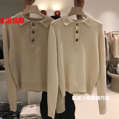 韩国statement新品 简约小翻领三颗扣 纯羊毛毛衣上衣