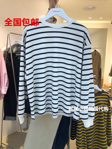 韩国东大门代购早春女装 LORING Re i休闲宽松条纹长袖T恤