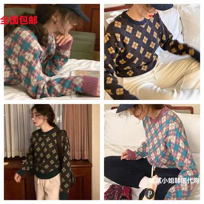 韩国Sold out101109 秋冬15%羊驼毛20%羊毛 复古棱纹撞色毛衣