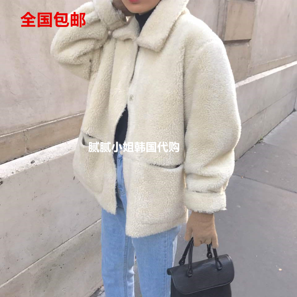 韩国vegetable新品小翻领机车款双面穿羊毛羊羔毛减龄短外套