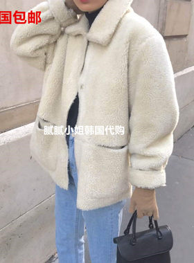 韩国vegetable新品小翻领机车款双面穿羊毛羊羔毛减龄短外套