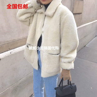 韩国vegetable新品小翻领机车款双面穿羊毛羊羔毛减龄短外套
