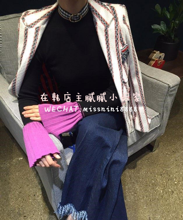 韩国新款撞色喇叭袖口点缀 修身气质针织上衣double standard