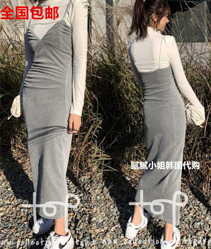 韩国东大门代购topdressing抽抽褶皱侧开叉修身灯芯绒吊带连
