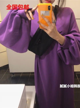 韩国东大门 秋冬纯色灯笼袖圆领宽松休闲长款连衣裙