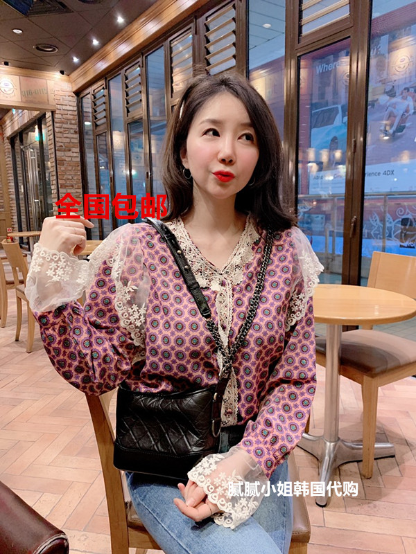 OLENE韩国东大门代购26春款印花蕾丝花边衬衫