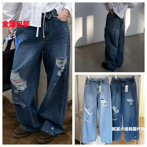 ZERO ZERO韩国东大门代购春复古百搭破洞直筒牛仔裤022221