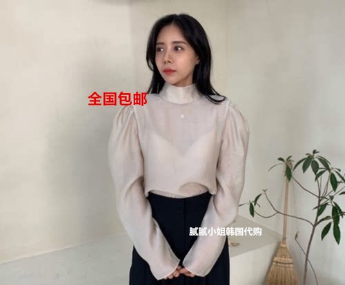 W and J 2026春季新款 韩国东大门代购 女神范泡泡袖丝感衬衫