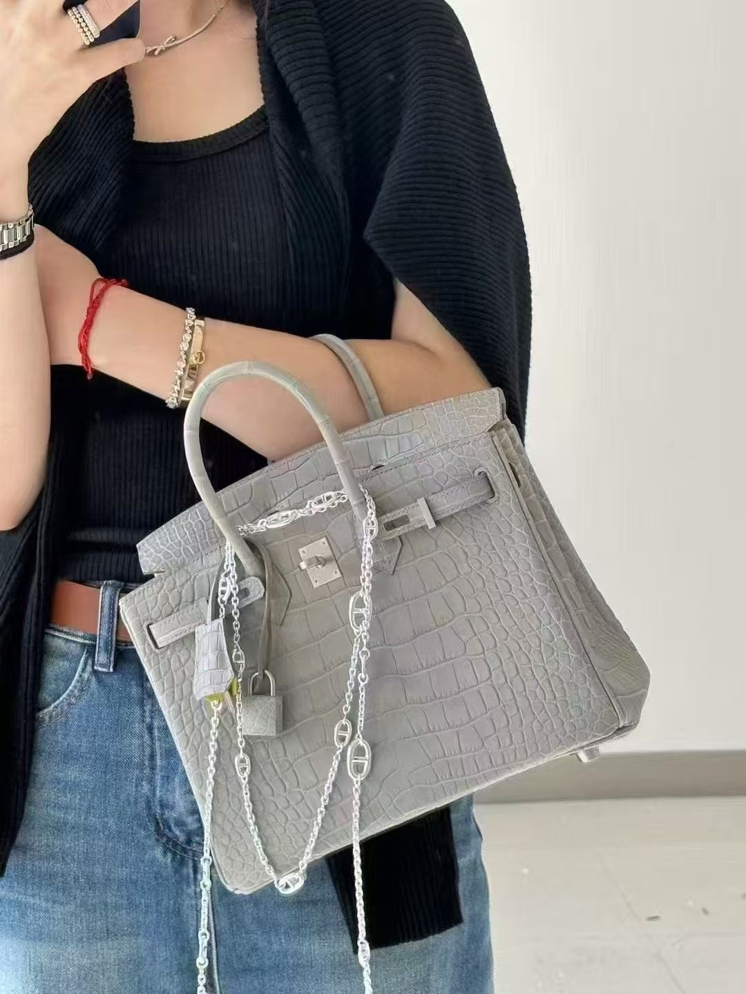 雾面美洲鳄铂金25纯手工鳄鱼皮女包手提包