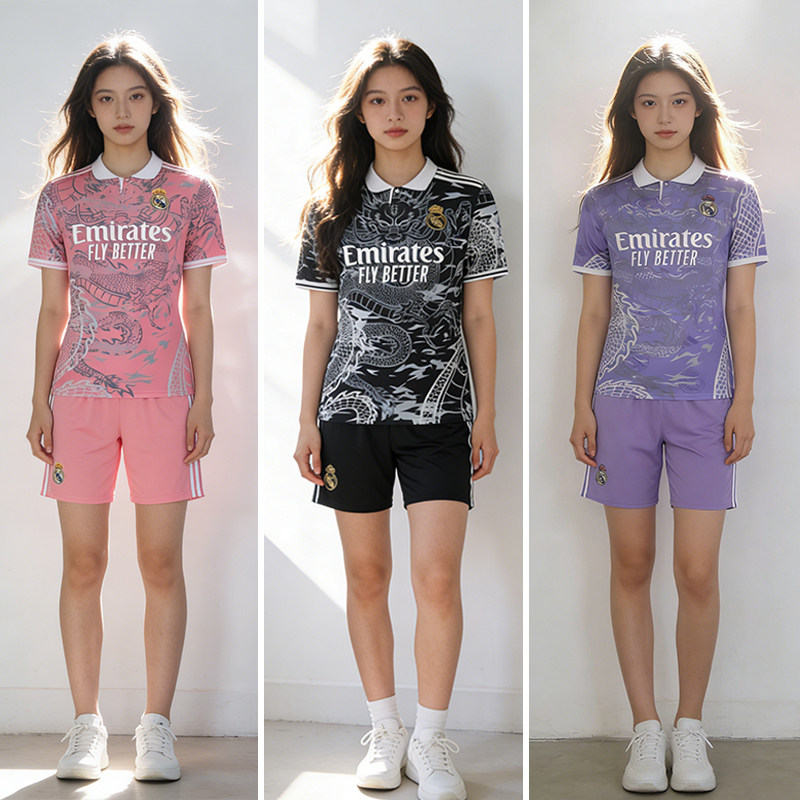 足球服女短袖粉色龙纹国潮套装