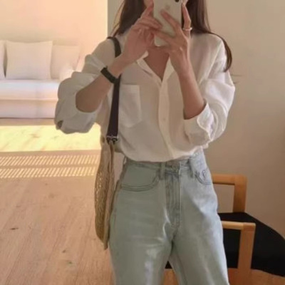 韩代妞 夏季新品 Verveine超满意的一件~亚麻纯色单口袋防晒衬衫
