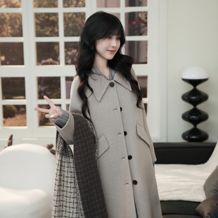 【伊迪卡】26春秋冬双面羊毛大衣宽松娃娃领减龄休闲长款毛呢外套