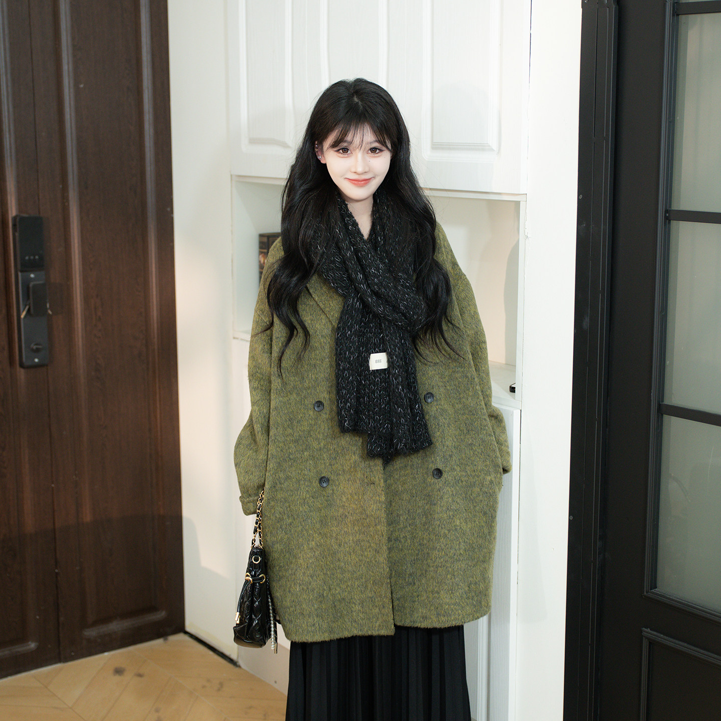 伊迪卡双面羊毛大衣短款女双排扣图片