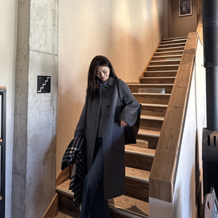 【伊迪卡】26春秋冬双面羊毛大衣小翻领极简遮胯显瘦长款毛呢外套