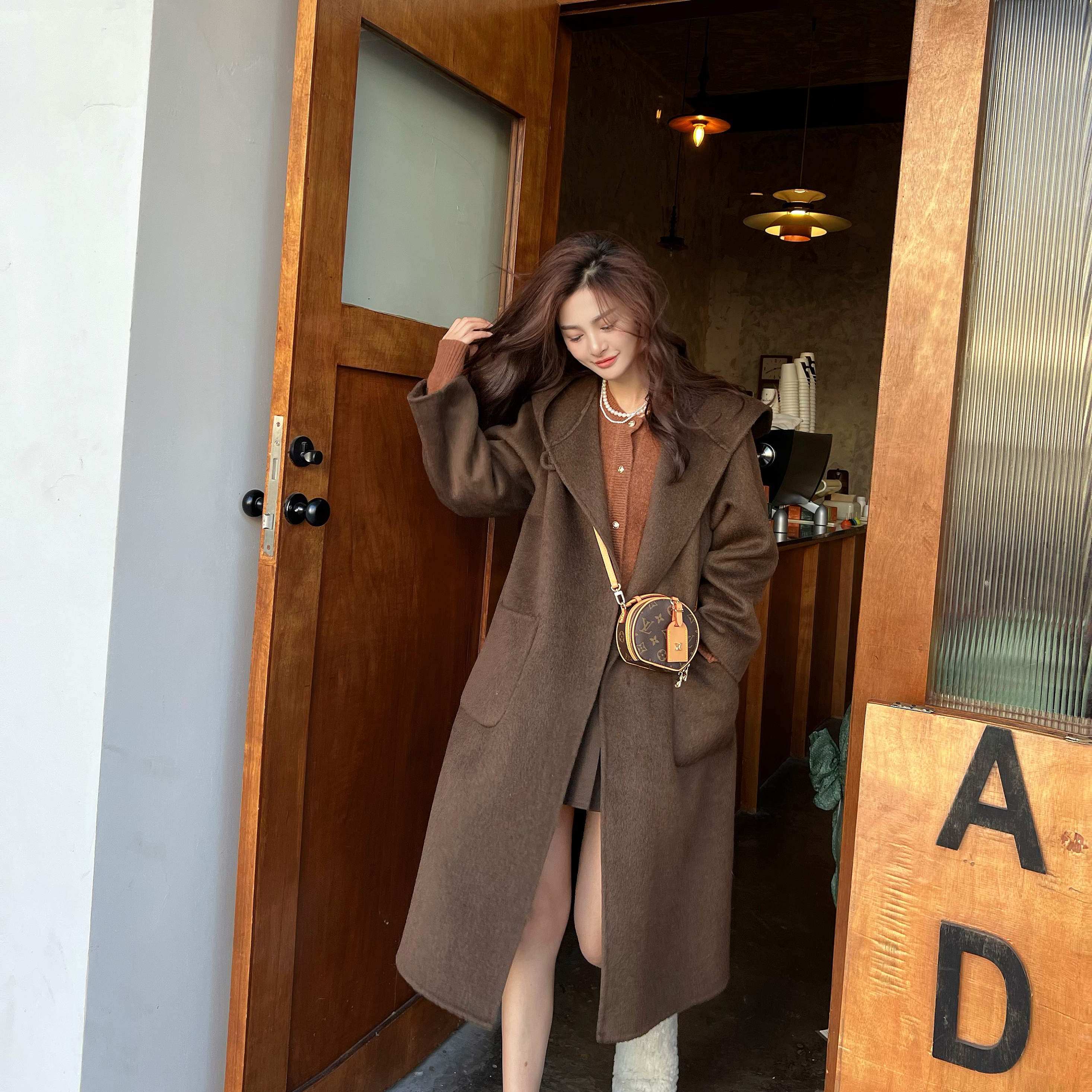 双面羊毛大衣连帽中长款宽松韩系慵懒百搭显瘦女装毛呢外套