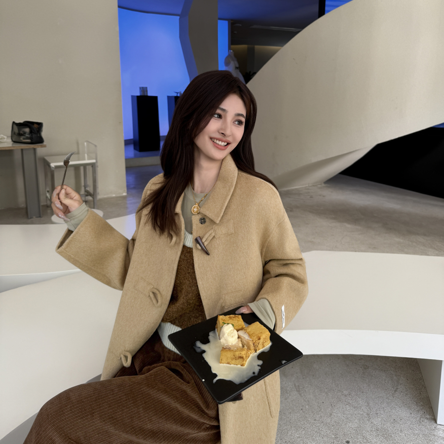 双面羊毛大衣牛角扣中长款韩系显瘦百搭女装小个子毛呢外套