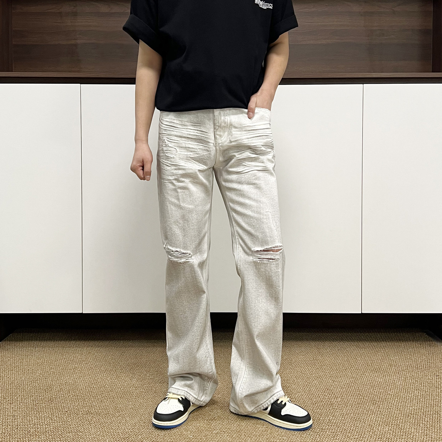 个性扎染做脏做旧微喇裤男款潮流夏季直筒裤男士破洞白色牛仔裤子