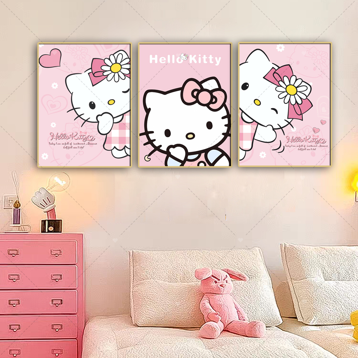 HelloKitty凯蒂猫粉色房间免打孔装饰画KT猫女孩卧室挂画民宿墙画图片