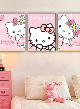 HelloKitty凯蒂猫粉色房间免打孔装饰画KT猫女孩卧室挂画民宿墙画