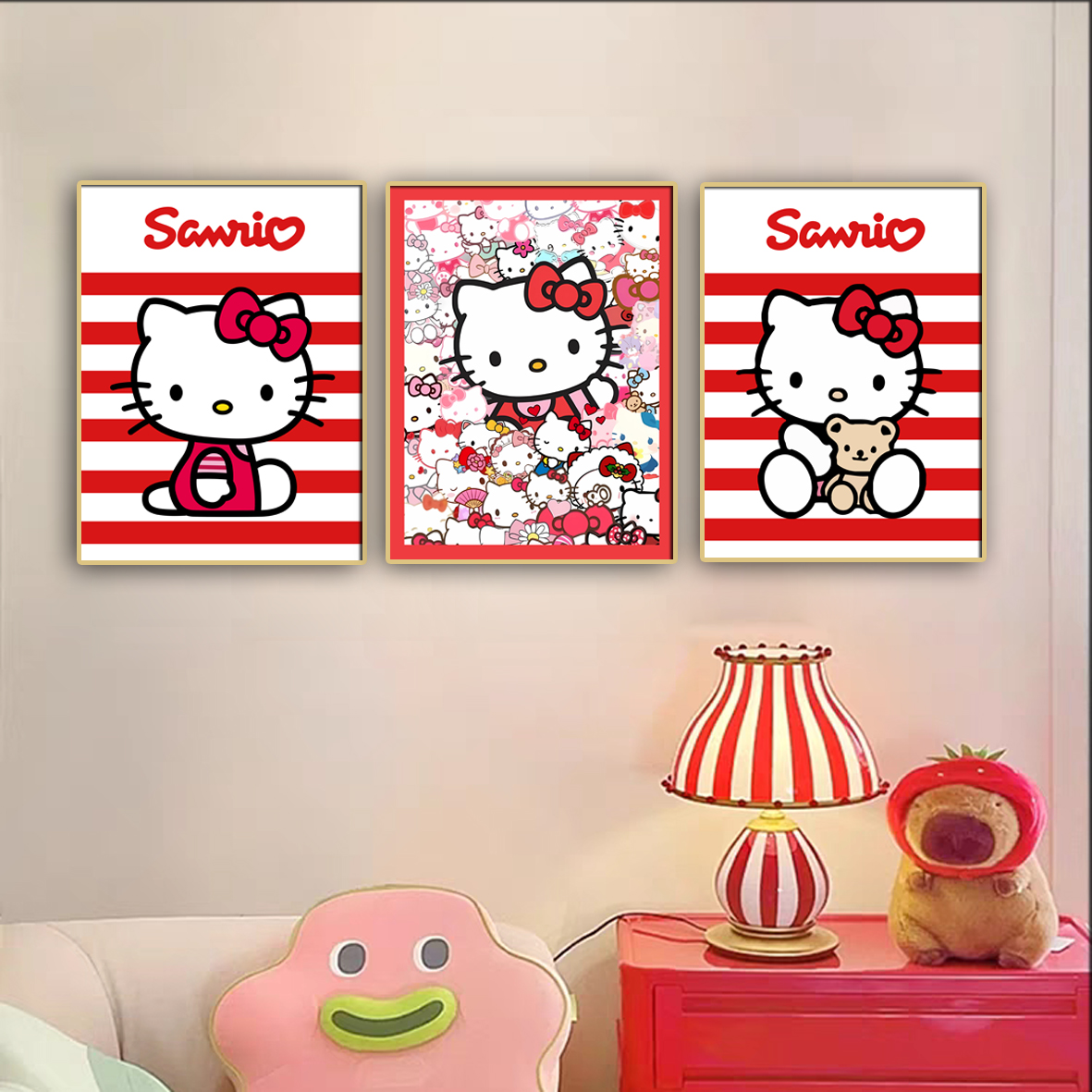 Hellokitty凯蒂猫儿童房免打孔装饰画可爱动漫卧室挂画幼儿园笔画图片