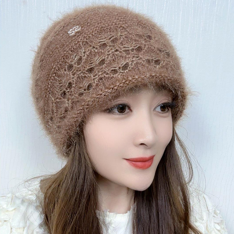 双层针织帽子女冬季保暖护耳堆堆帽妈妈时尚洋气松鼠绒毛线包头帽