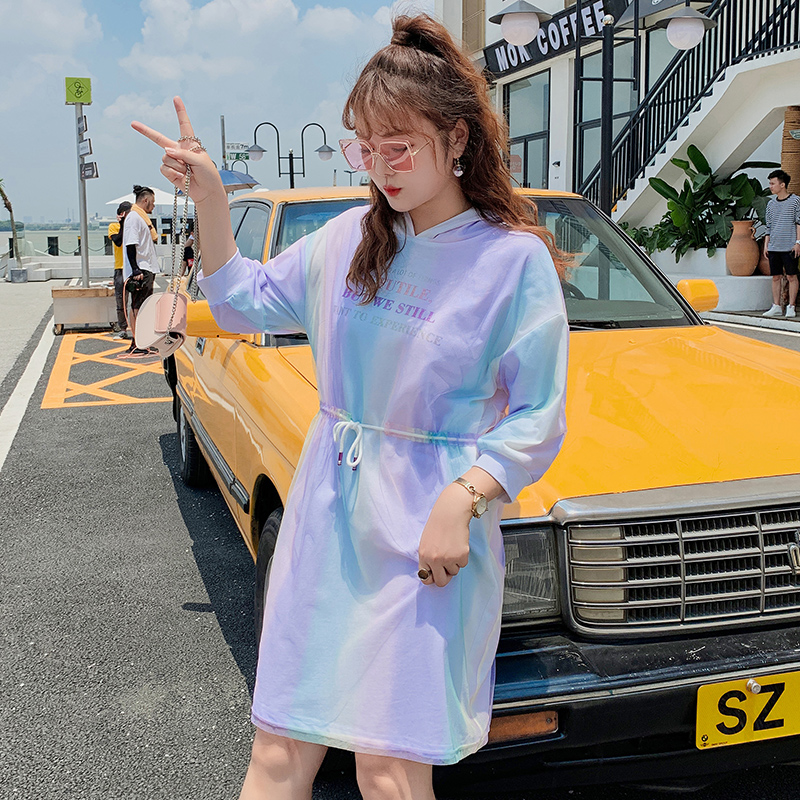 春哥大码秋季2019新款网红裙子连帽微胖妹妹mm网纱连衣裙收腰显瘦(用239元券)