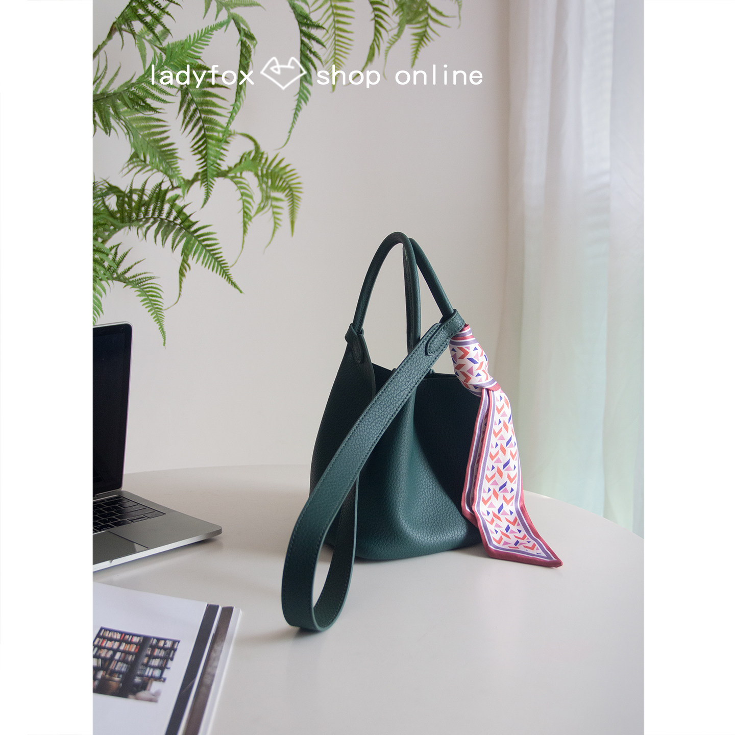 Ladyfox早春牛皮托特包女简约百搭单肩手提包墨绿色菜篮子水桶包