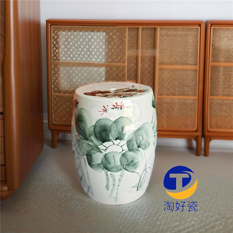 换鞋凳景德镇陶瓷凳子瓷器坐凳手绘画荷花凉墩鼓墩矮凳圆墩浴凳