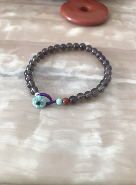 天然茶水晶5毫米手链 五行补土 翡翠花片扣 红石 银珠