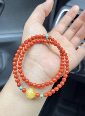 天然南红4毫米双圈手链 蜜蜡 松石