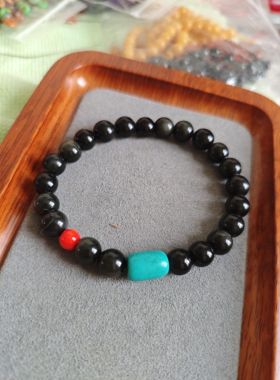天然黑曜石女款手链 美菱矿 红琉璃  国风