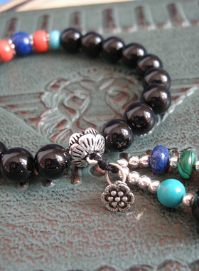 小众 设计款 黑玉髓手链银莲花 琉璃 绿松石  女款   天宝原创
