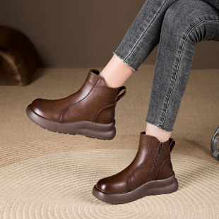 厚底真皮休闲短靴女鞋24年秋冬新款复古时尚百搭马丁靴切尔西靴