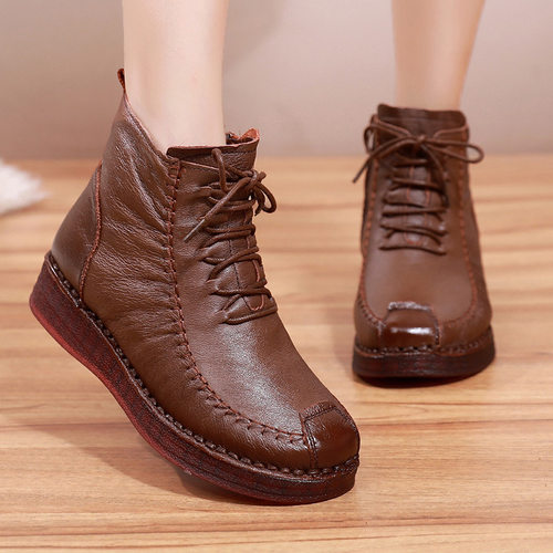 牛筋底防滑短靴棉真皮软底平底
