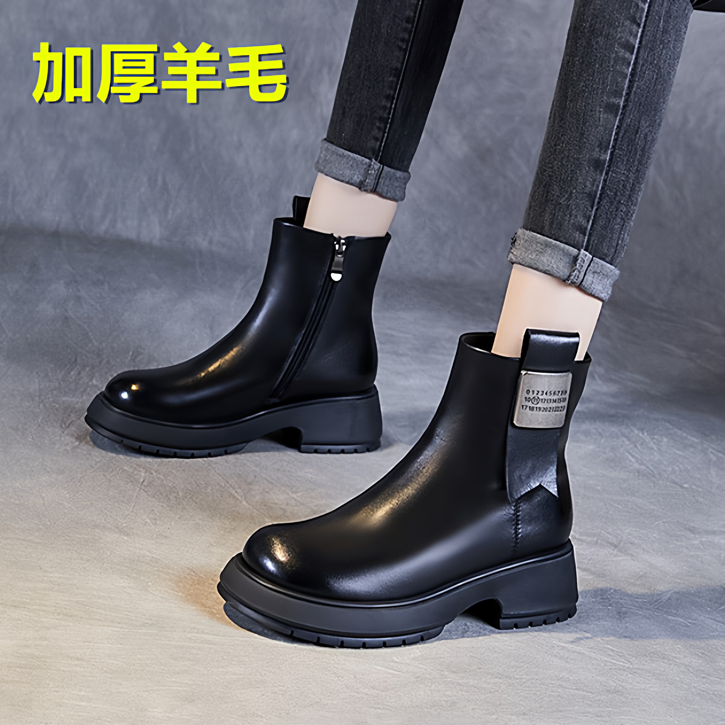 头层牛皮~真皮短靴女冬季全羊毛保暖加厚绒英伦风马丁靴复古圆头