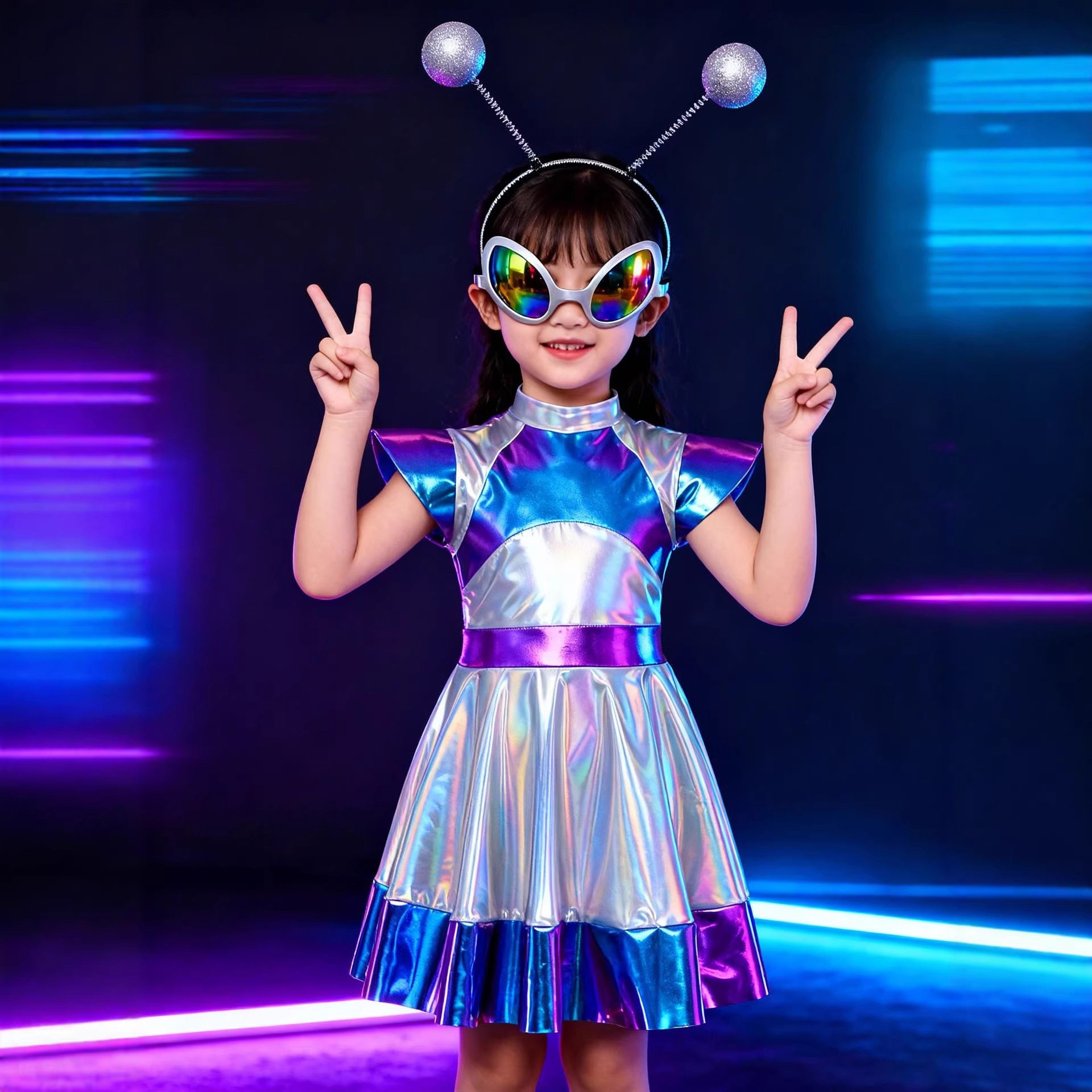 外星人连衣裙六一儿童幼儿园AI 机器人表演出服装万圣节女童派对