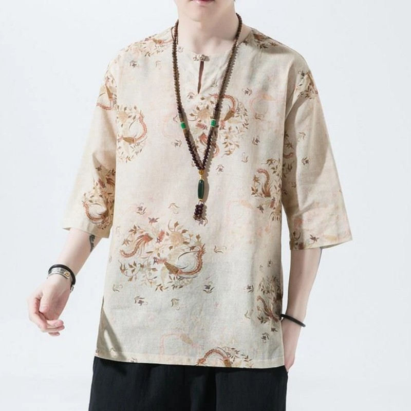 26D4C1棉麻短袖唐装男夏季中国风居士服禅服舒适透气复古装上衣服