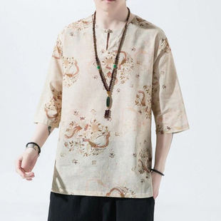 26D4C1棉麻短袖唐装男夏季中国风居士服禅服舒适透气复古装上衣服